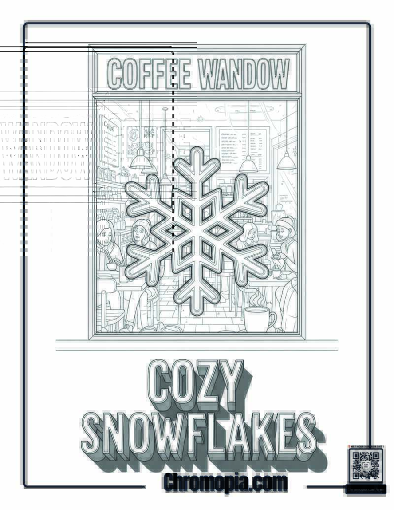 Coffee Shop Window Snowflakes Display Coloring Sheet