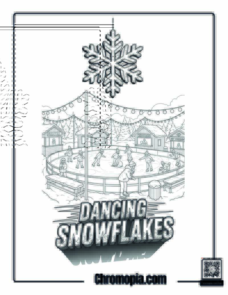 Ice Skating Rink Snowflakes Scene Coloring Page