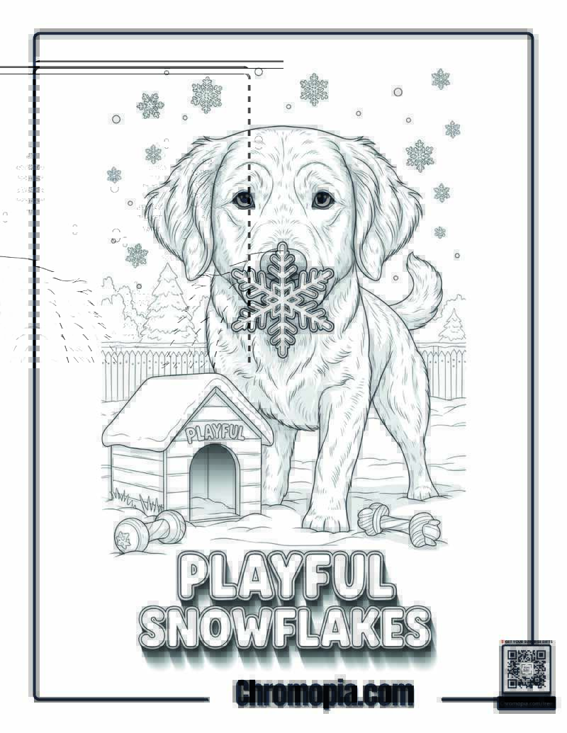 Pet Dog Playing Snowflakes Scene Coloring Page