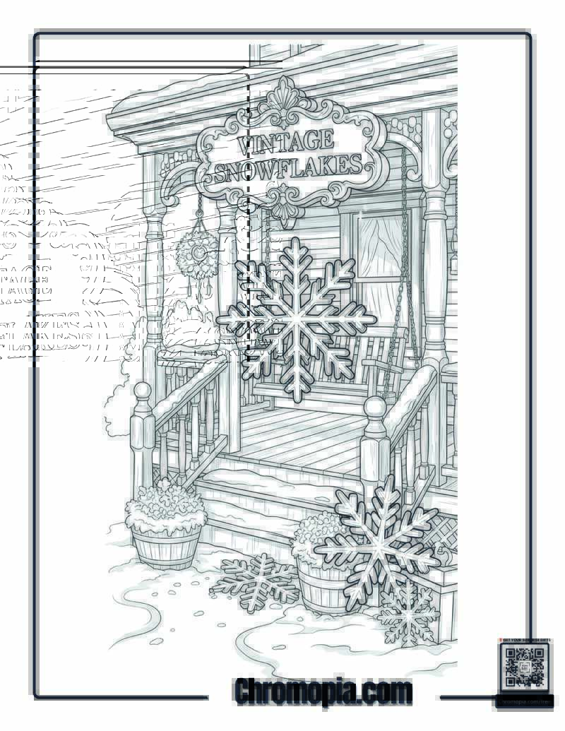 Victorian Porch Swing Snowflakes Scene Coloring Sheet