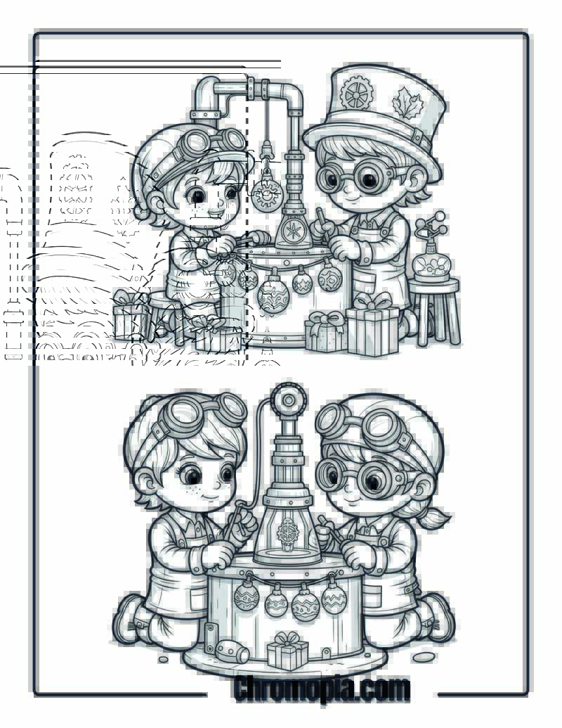 Steampunk Christmas Decoration Workshop Inventor Coloring Sheet