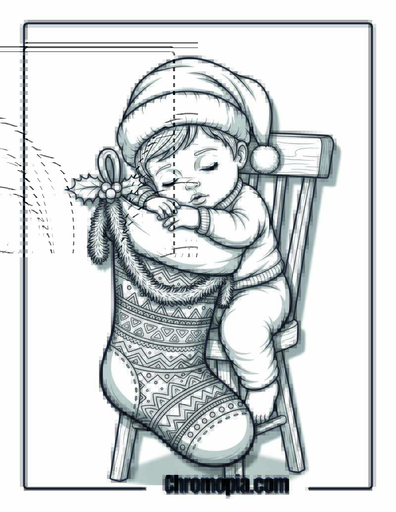 Sleepy Christmas Stocking Cuddle Time Coloring Page