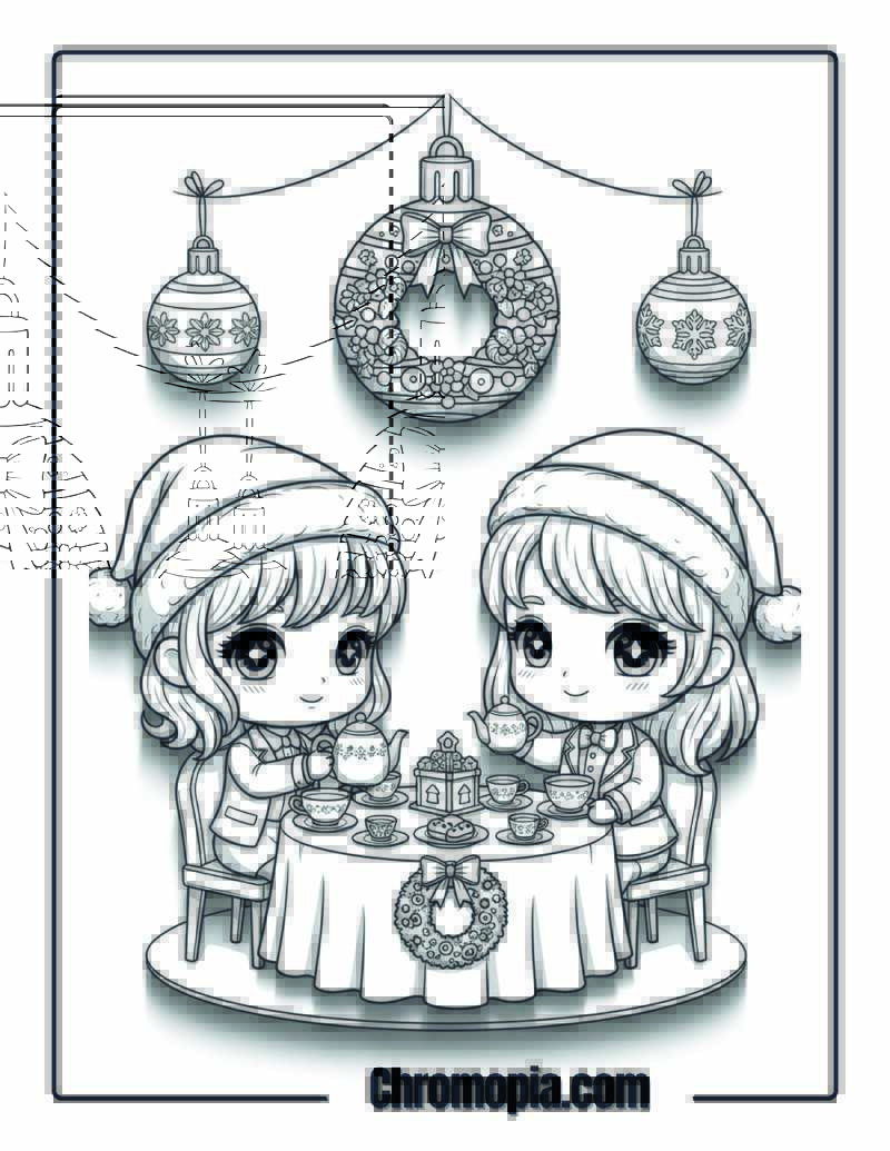 Chibi Christmas Decoration Tea Party Coloring Sheet