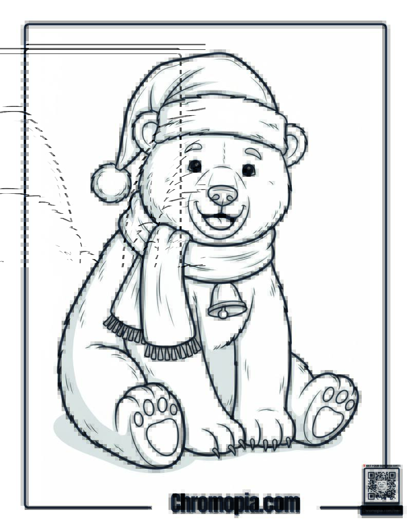Christmas Polar Bear Santa Hat Coloring Page