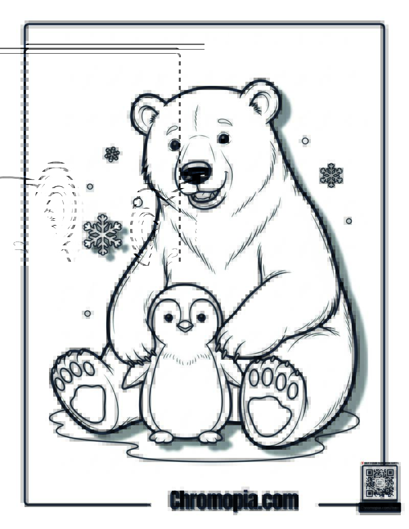 Winter Polar Bear Penguin Friends Coloring Page