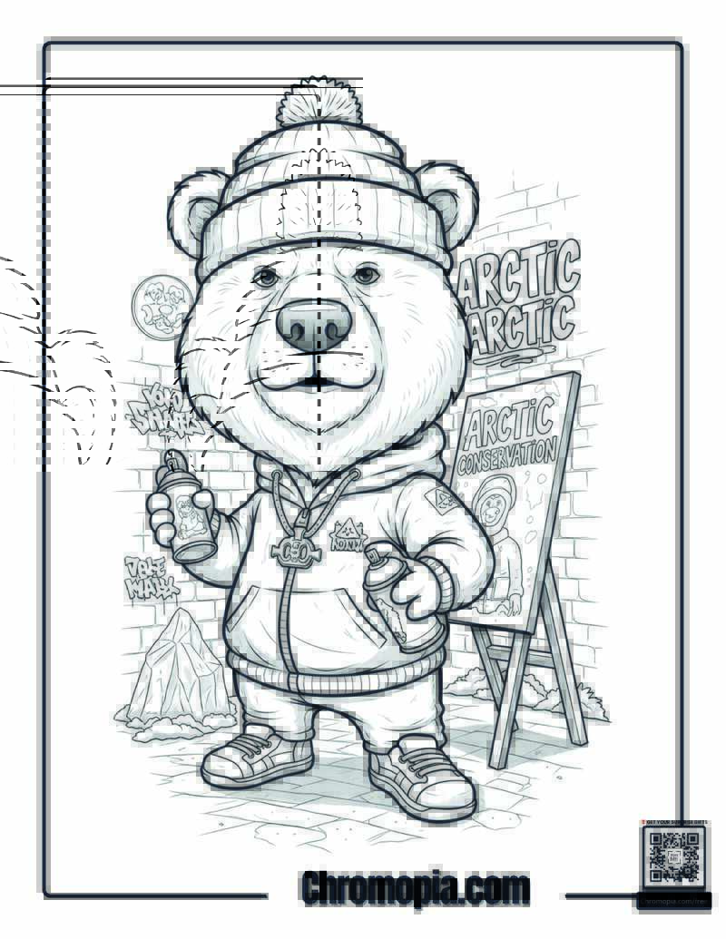 Caricature Graffiti Polar Bear Street Artist Coloring Sheet