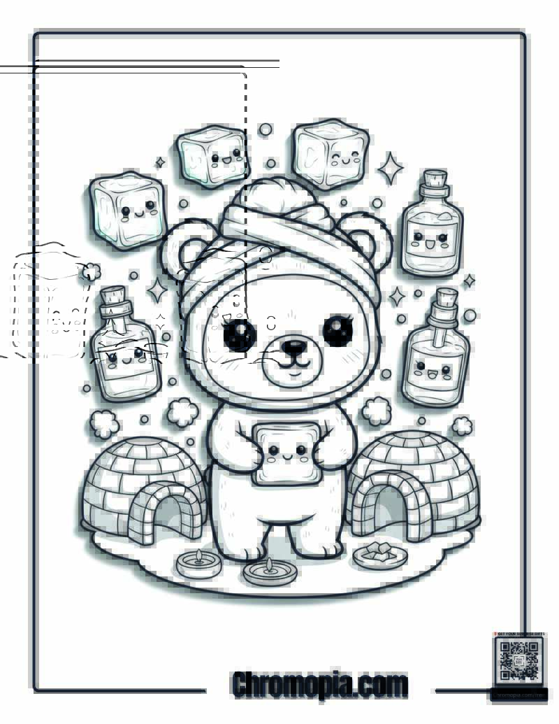Chibi Kawaii Polar Bear Spa Treatment Coloring Sheet