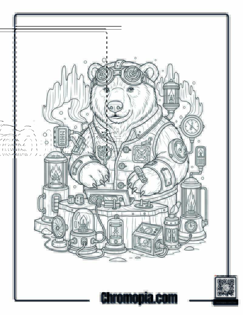 Mechanical Steampunk Polar Bear Arctic Inventor Coloring Page