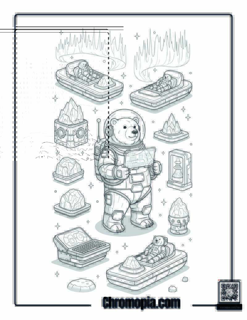 Sci-Fi Futuristic Polar Bear Space Explorer Coloring Page