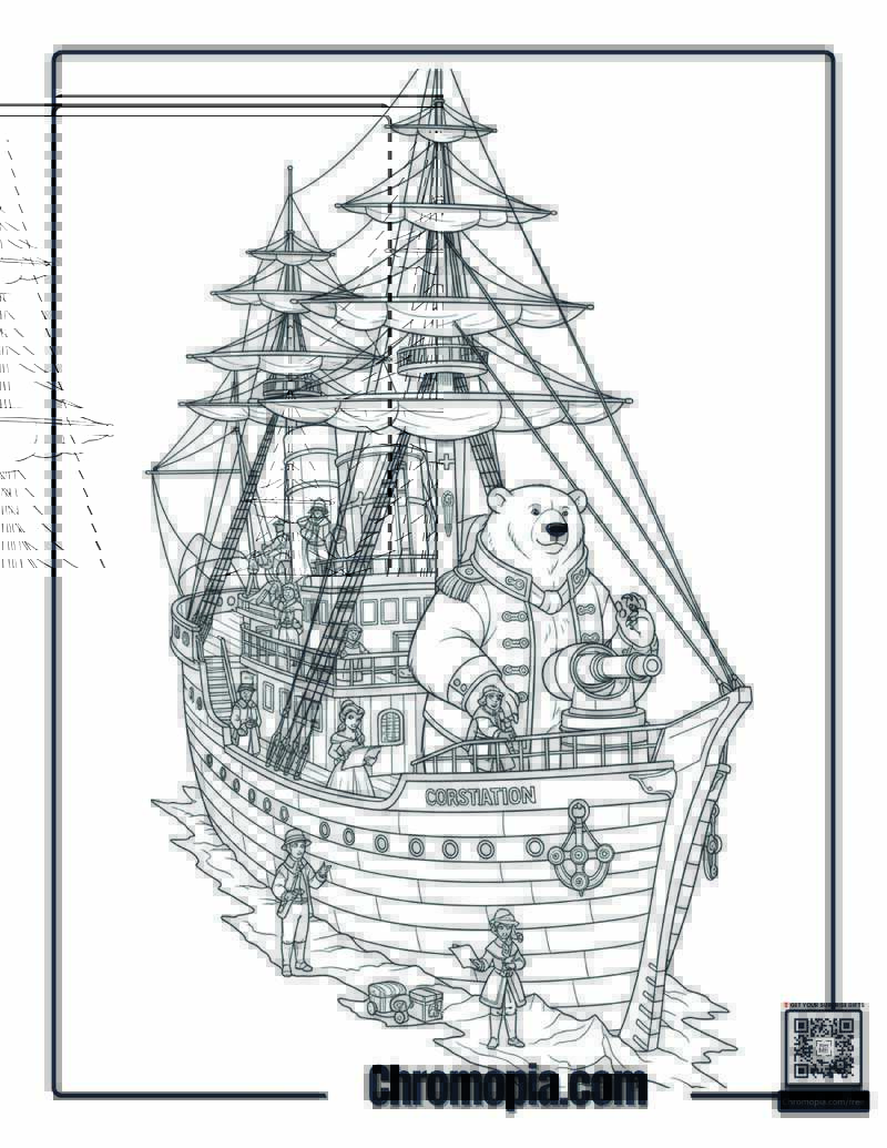 Polar Bear Victorian Arctic Exploration Ship Coloring Page