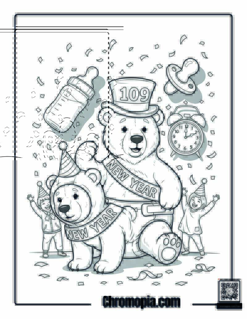 Polar Bear Baby New Year Celebration Coloring Sheet