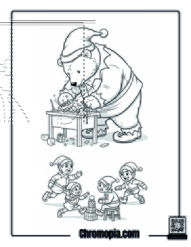 Polar Bear Christmas Elf Workshop Helper Coloring Sheet