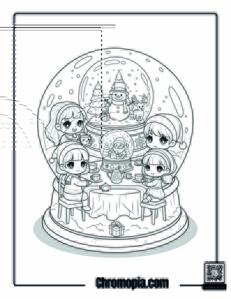 Chibi Snow Globe Tea Party Coloring Sheet