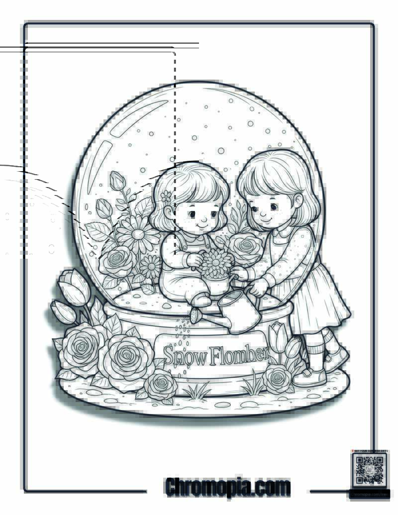 Floral Snow Globe Garden Party Coloring Sheet