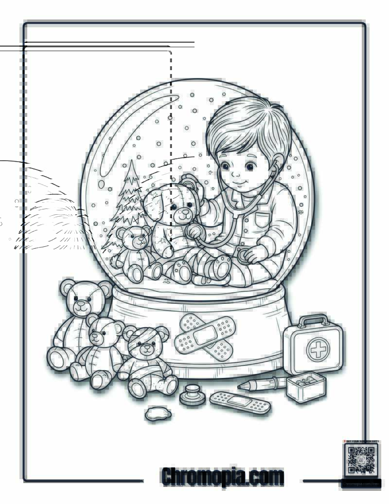 Snow Globe Veterinarian Checkup Coloring Page