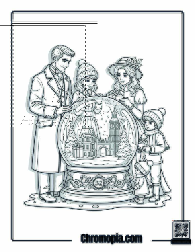 British Victorian Snow Globe Christmas Morning Coloring Sheet