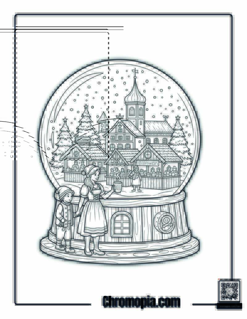 German Christmas Market Snow Globe Village Coloring Sheet