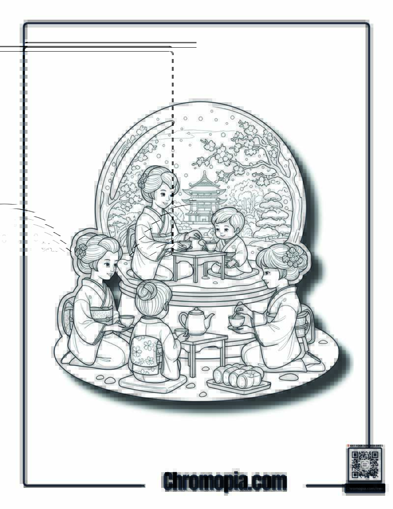 Japanese Tea Ceremony Snow Globe Harmony Coloring Page