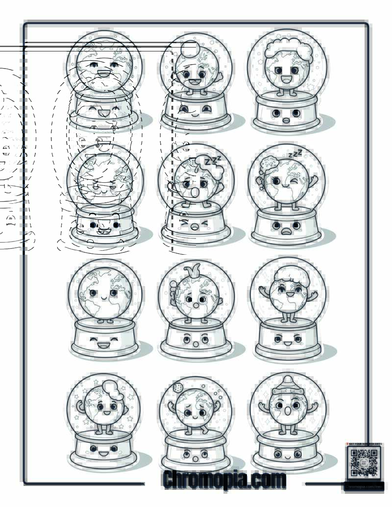 Cartoon Sticker Sheet Snow Globe Collection Coloring Sheet