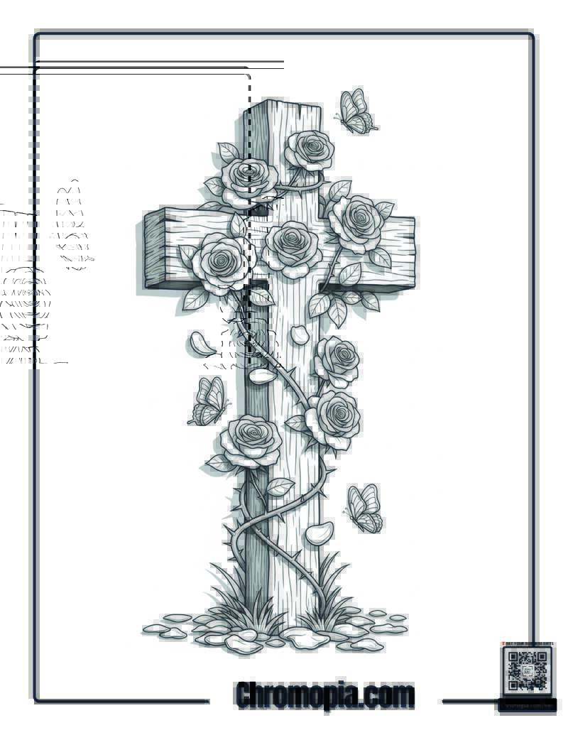 Cross And Rose Coloring Sheet
