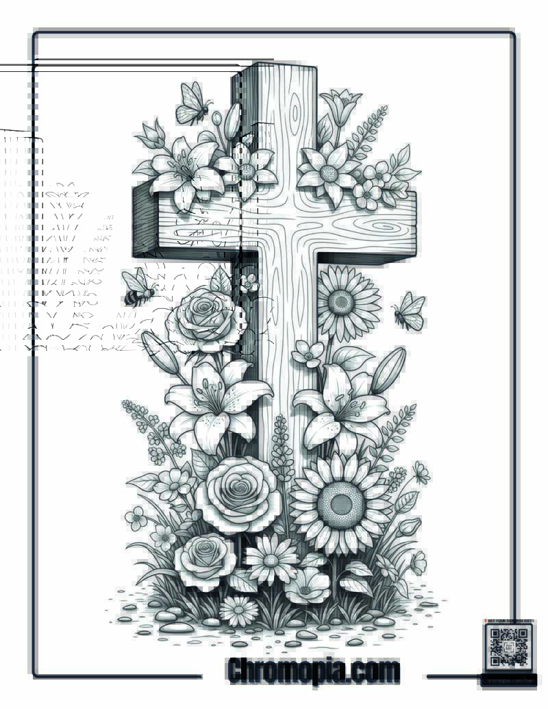 Cross Coloring Page With Flowers