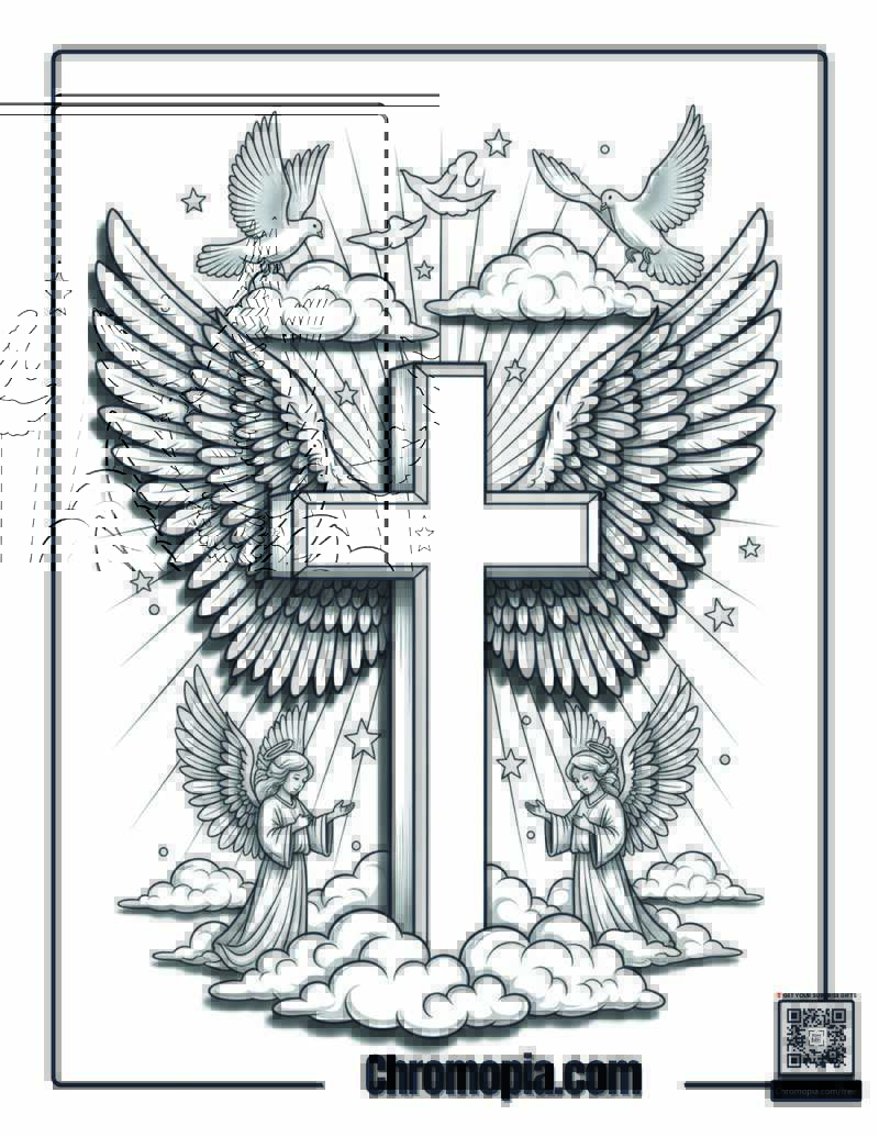 Cross With Wings Coloring Sheet