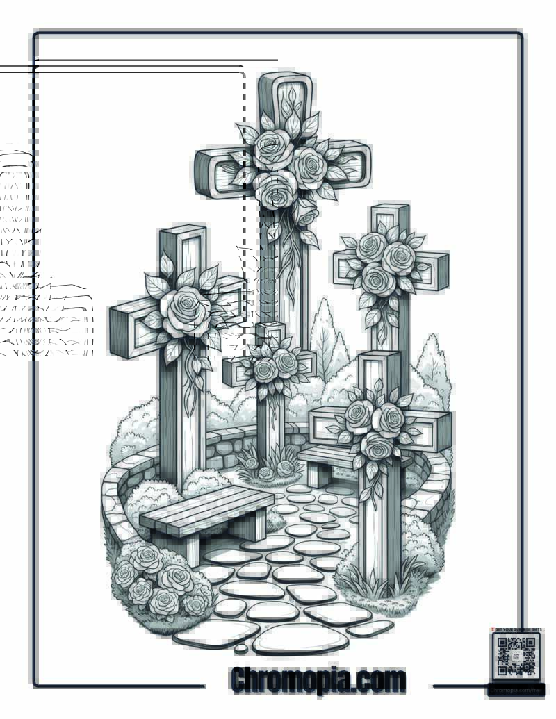 Crosses With Roses Coloring Page