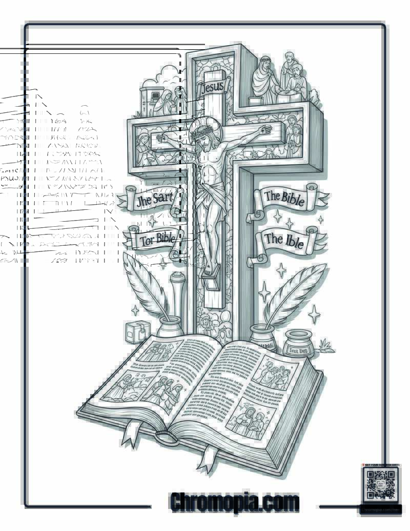 Jesus Cross Coloring Page With Bible Book