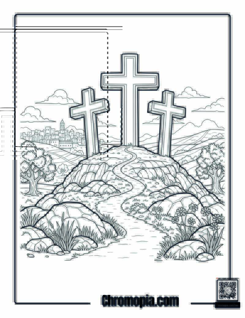 Three Crosses On A Hill Coloring Page