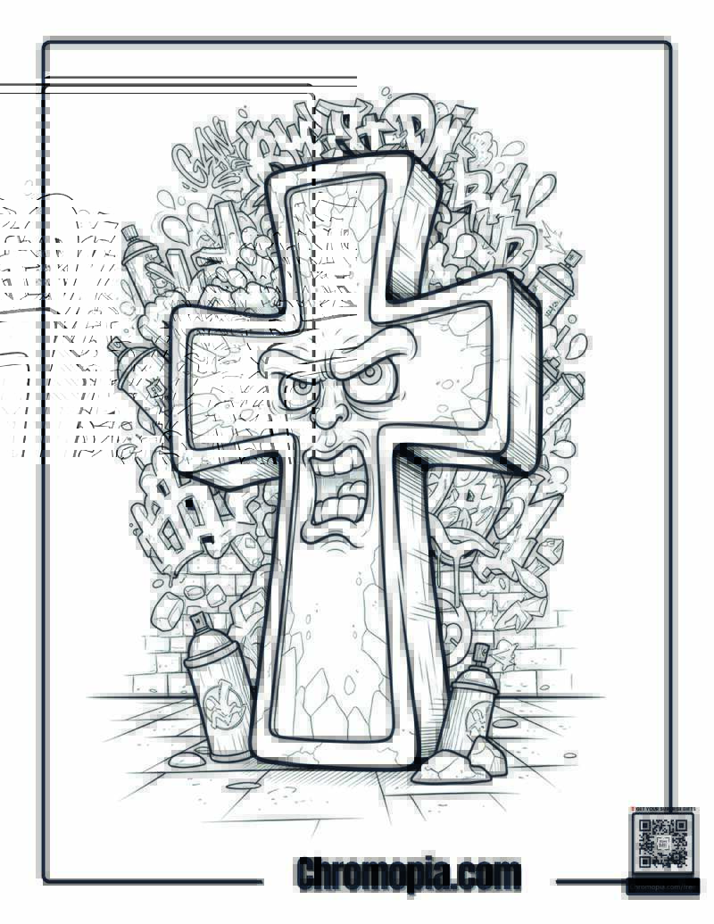 Caricature Graffiti Street Cross Urban Coloring Sheet