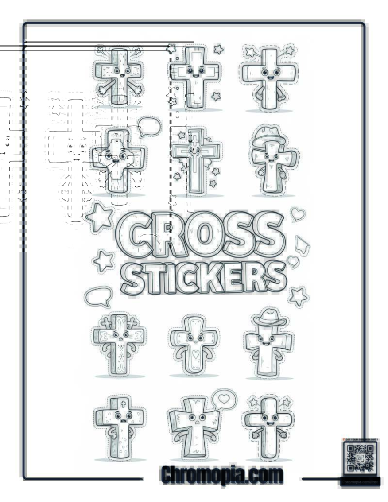 Cartoon Sticker Sheet Cross Collection Coloring Page