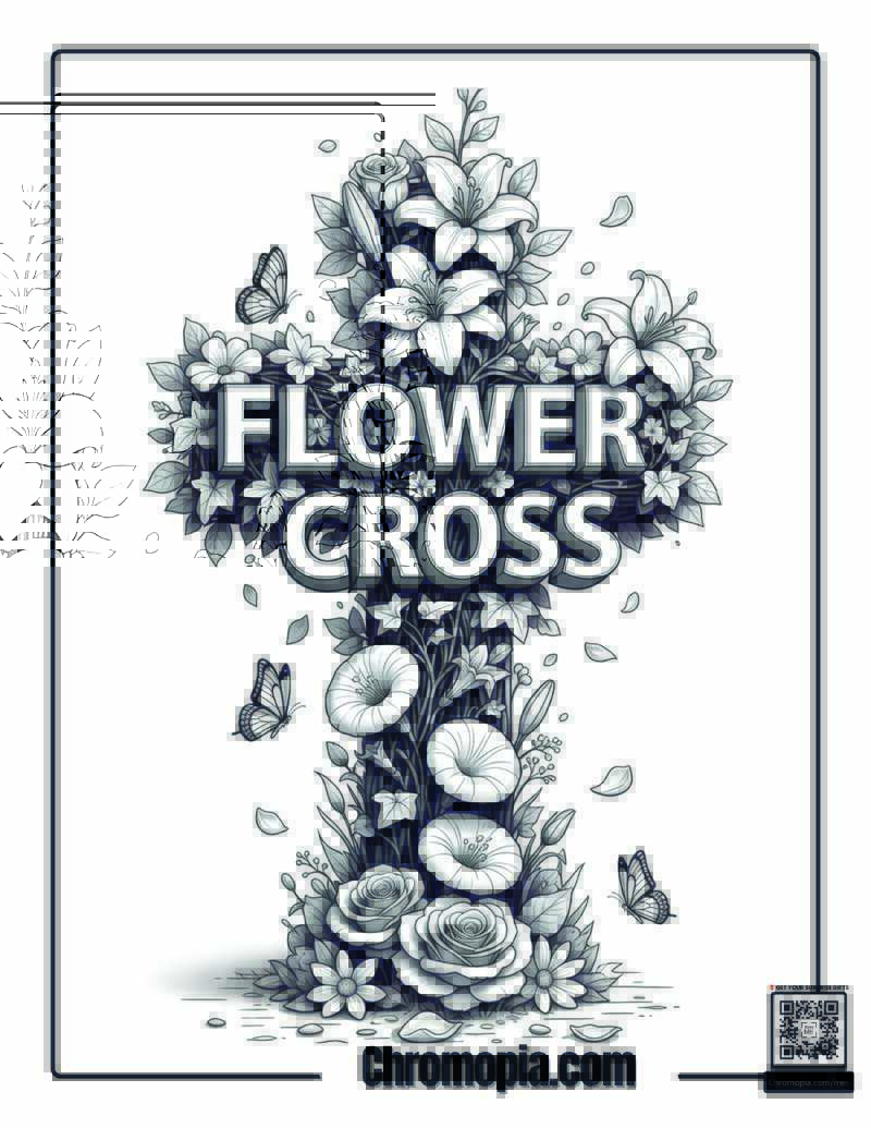 Floral Art Cross Blooming Garden Coloring Sheet