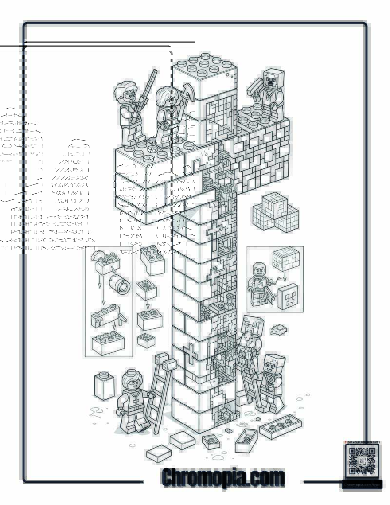 Lego And Minecraft Cross Building Coloring Page