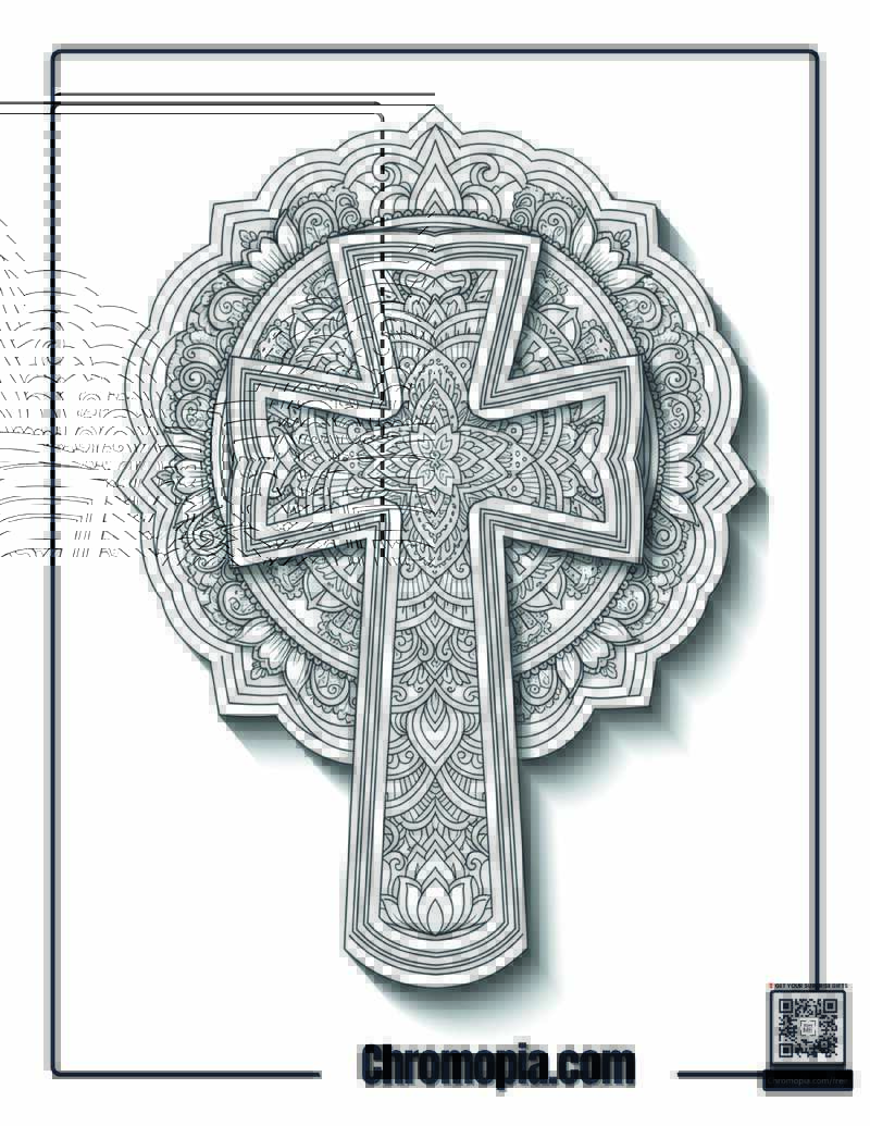 Mandala Art Cross Symmetrical Design Coloring Page