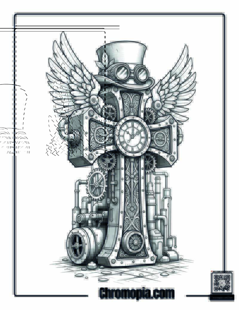 Mechanical Steampunk Cross Victorian Machine Coloring Page