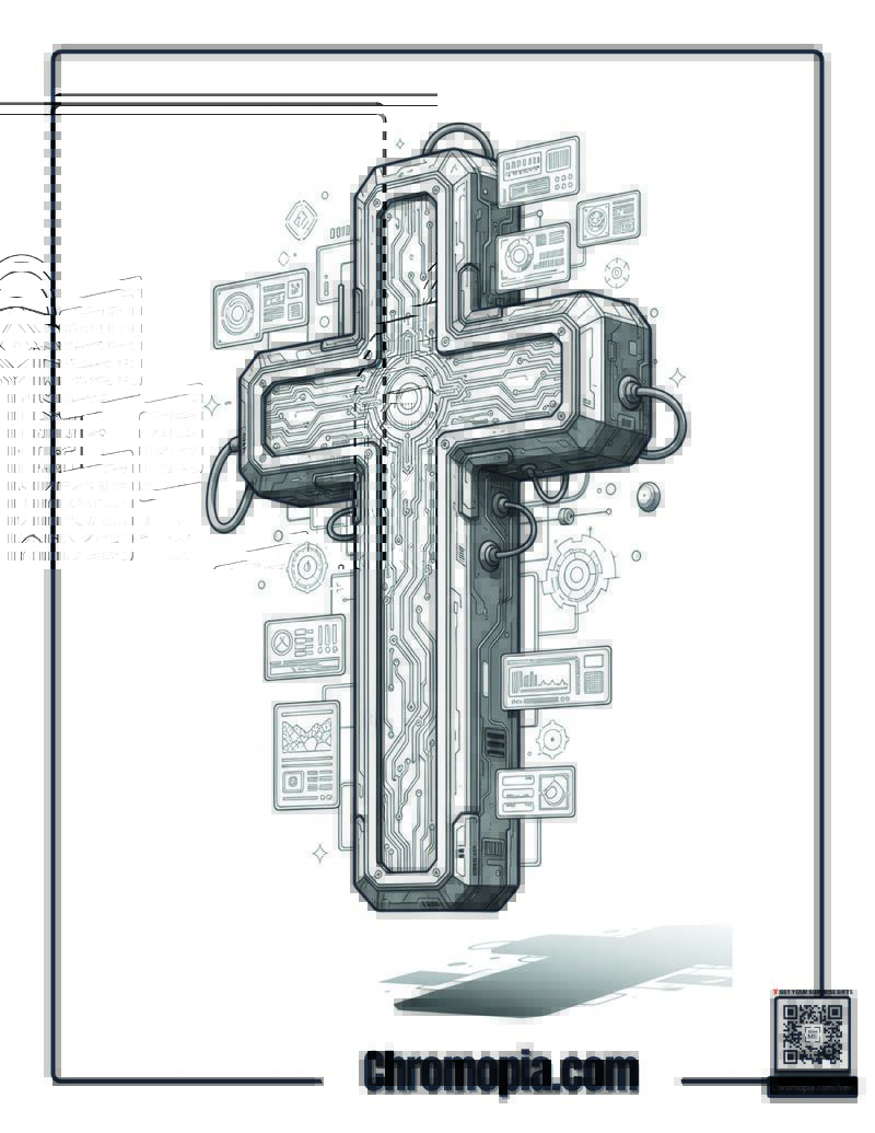 Sci-Fi Futuristic Robotic Cross Technology Coloring Page