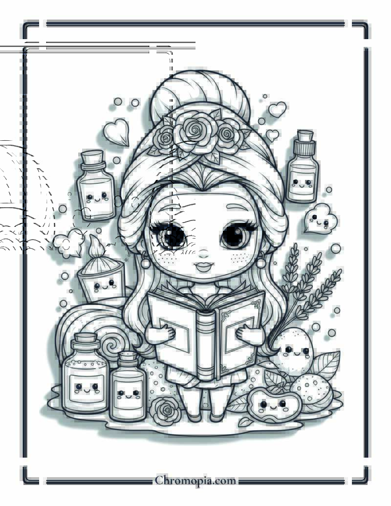 Chibi Kawaii Belle Cute Spa Time Coloring Sheet