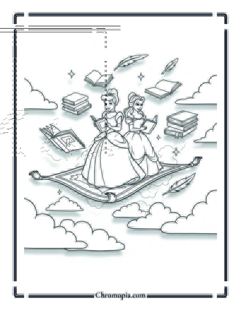 Cinderella Belle Flying Carpet Library Coloring Page