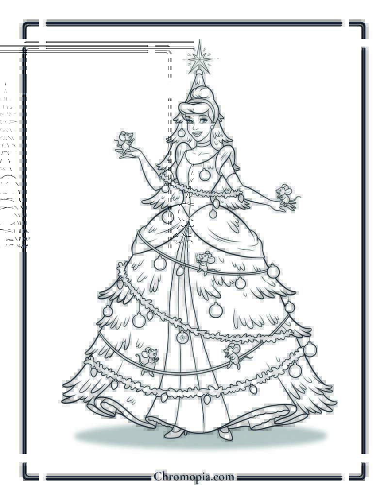 Cinderella Christmas Tree Dress Transformation Coloring Page