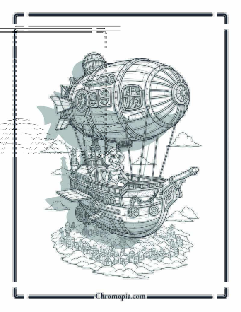 Jasmine Steampunk Airship Captain Coloring Sheet