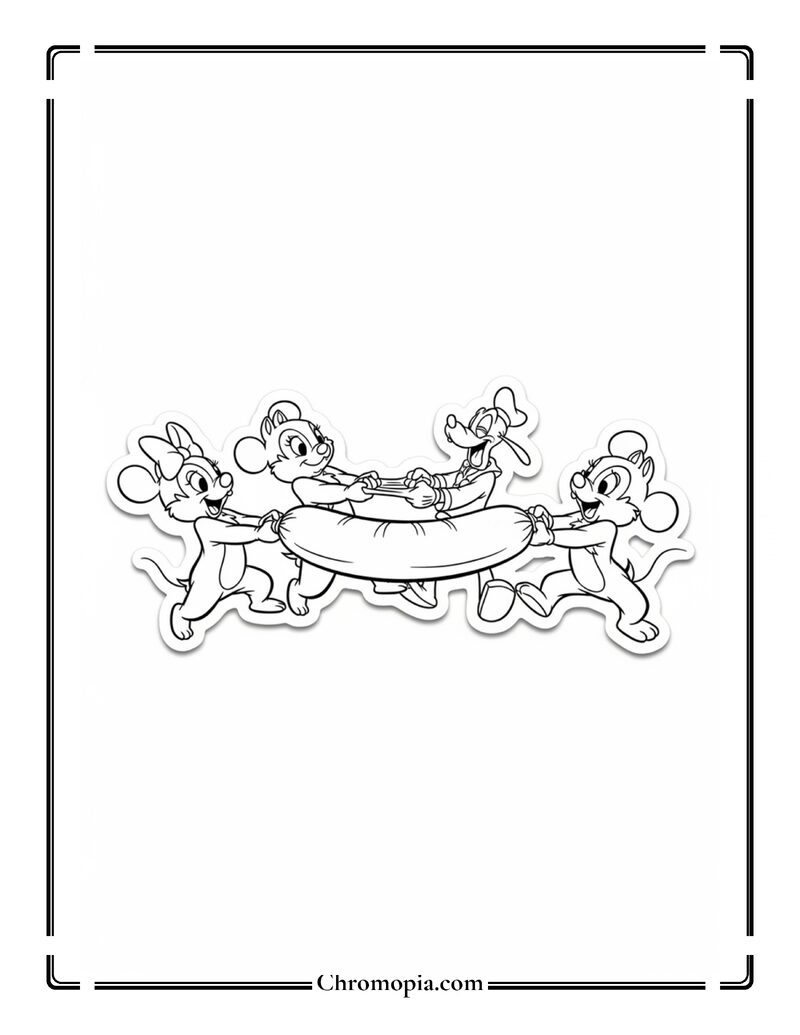 Chip and Dale Tug-Of-War With Pluto Coloring Page