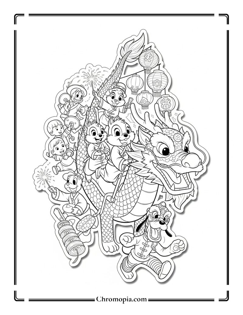 Chip and Dale Chinese Dragon Festival Coloring Page