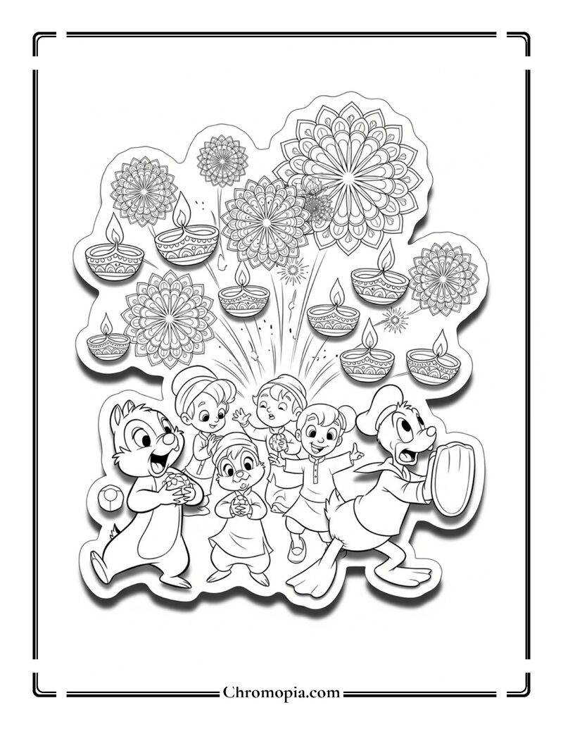Chip and Dale Diwali Lantern Explosion Coloring Page