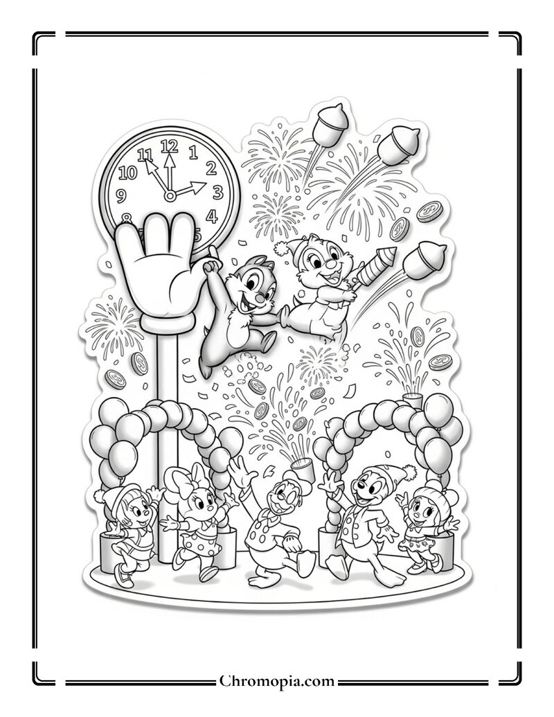 Chip and Dale New Year Countdown Chaos Coloring Page