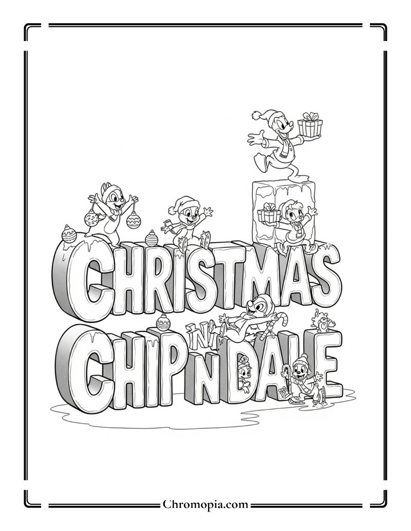 Christmas Chip N Dale Text Festival Coloring Page