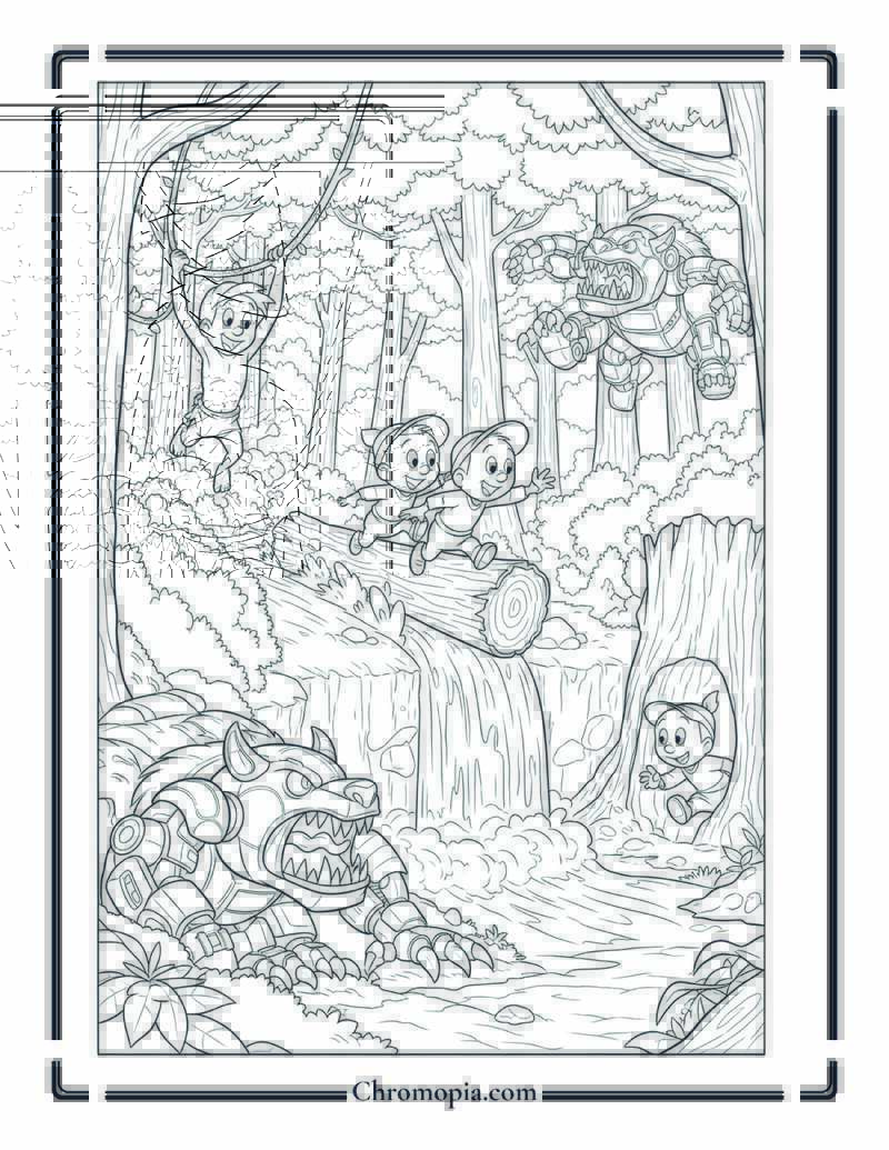 Forest Chase Huey Dewey Louie Coloring Page
