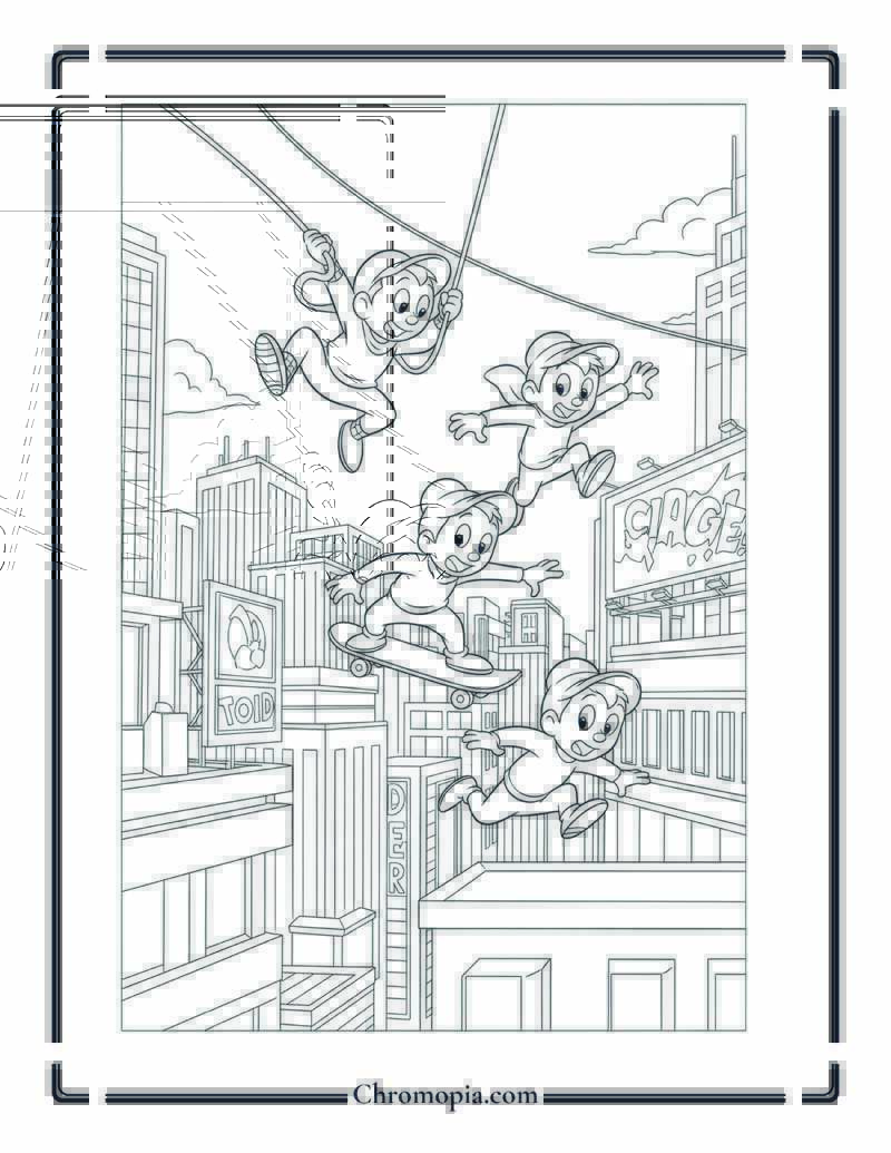 Urban Rooftop Chase Huey Dewey Louie Coloring Page