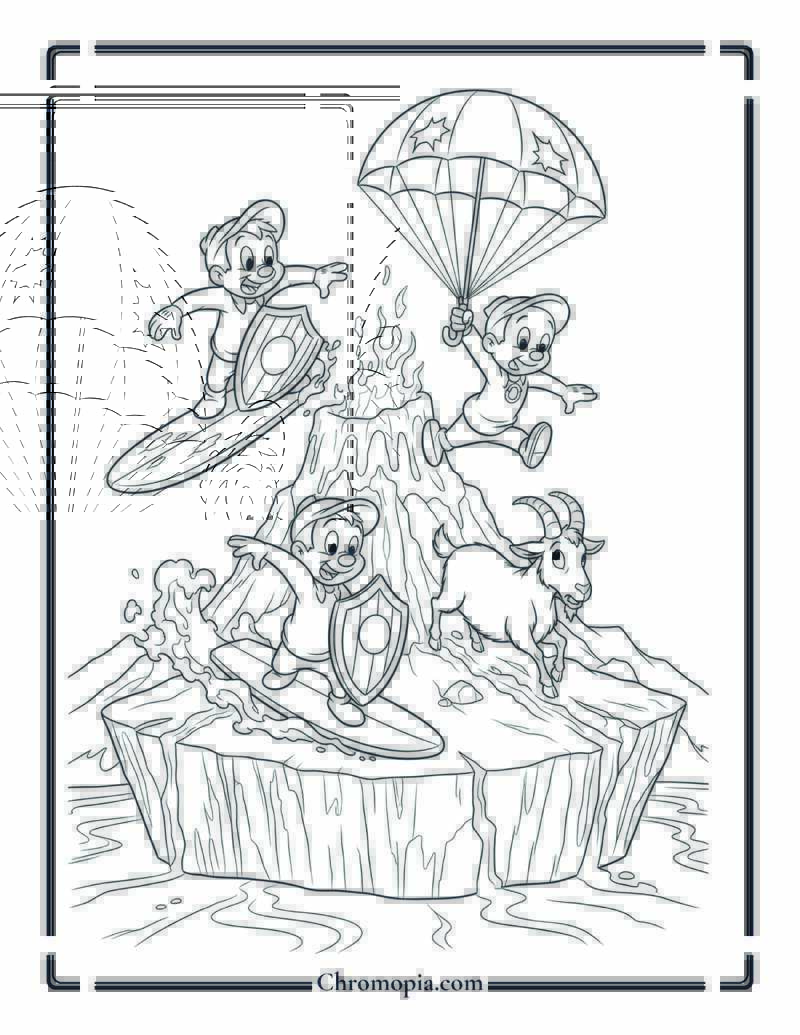Volcanic Island Huey Dewey Louie Coloring Page