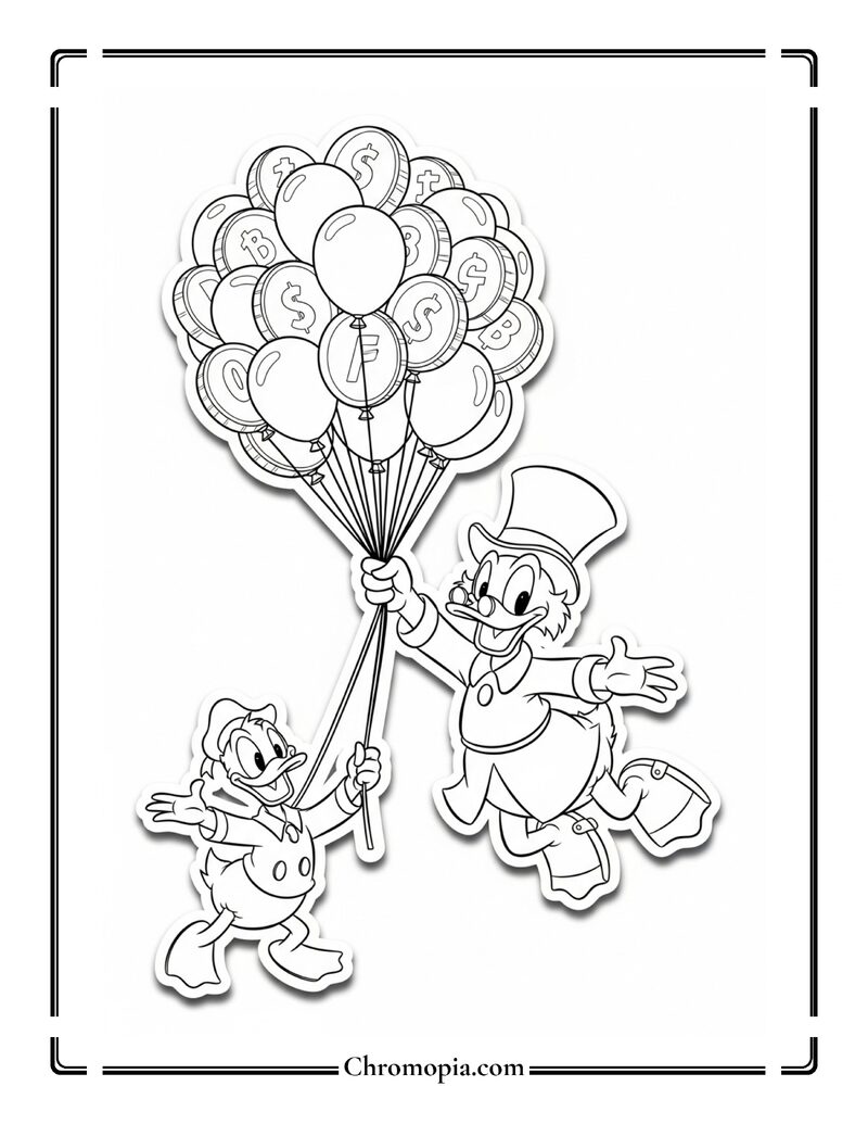 Scrooge McDuck Flying With Balloons Coloring Page