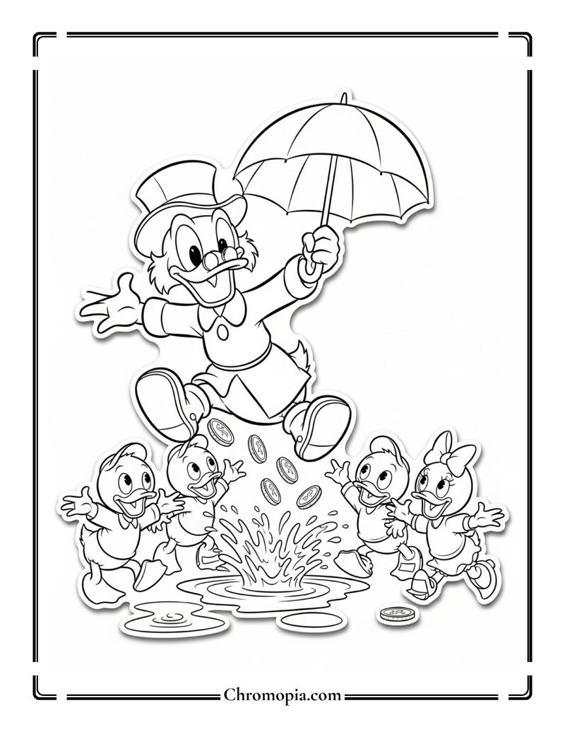 Scrooge McDuck Jumping In Puddles Coloring Page